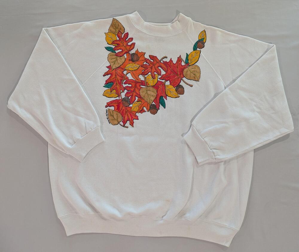 Vintage Tultex Sweatshirt Womens XL White Fall Leaves Glitter Fleece Pullover